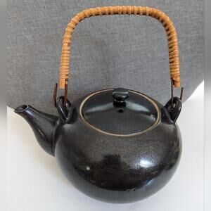 Vintage Japanese Ceramic Raku Teapot Reed Handle Seto-Kuro Glaze Teapot